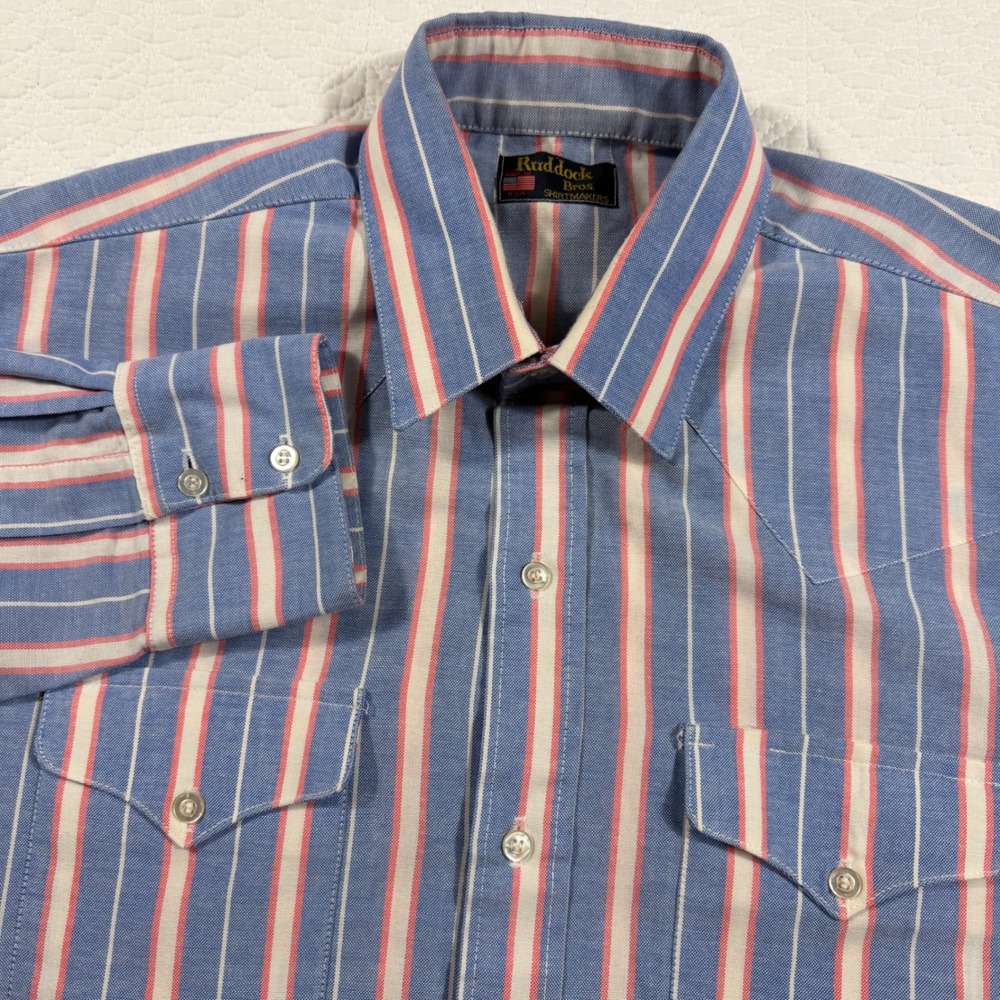 Vtg‎ Ruddock Bros Men XL Western Striped Button Down Shirt Blue Red Made in USA